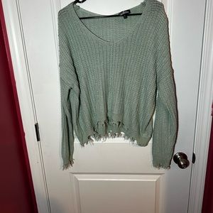 Green crop top sweater v neck long sleeve